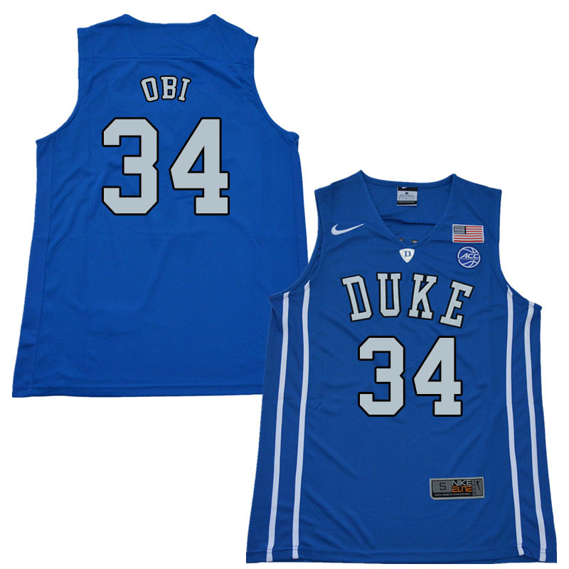 2018 Men #34 Sean Obi Duke Blue Devils College Basketball Jerseys Sale-Blue